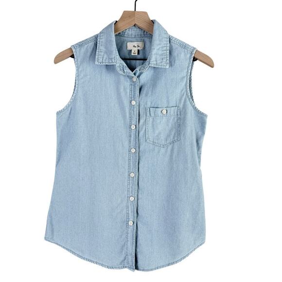 Per Se Button Up Sleeveless Chambray Shirt 100% Cotton, Size Small - Picture 1 of 7